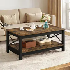 ROHE - Mesa De Centro Rectangular-Color negro + madera Rústico de 2 Niveles Diseño Robusto y Fácil de Armar