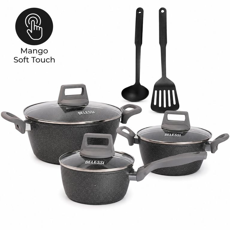 Juego de Ollas Antiadherentes 8 piezas, Mango Soft Touch, Tapa de Vidrio y Utensilios