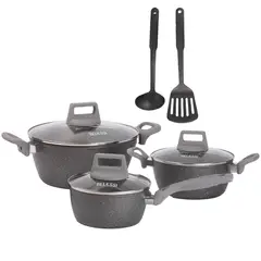 BELESSI - Juego de Ollas Antiadherentes 8 piezas, Mango Soft Touch, Tapa de Vidrio y Utensilios