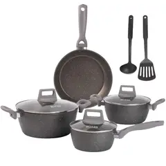 BELESSI - Juego de Ollas Antiadherentes 9 piezas, Mango Soft Touch, Tapa de Vidrio y Utensilios