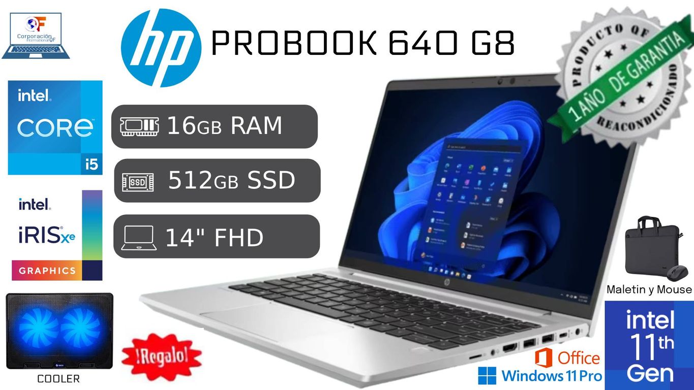 Laptop HP ProBook 640 G8 i5 11va 16GB RAM 512GB SSD Reacondicionada HD + COOLER + MALETIN + MOUSE