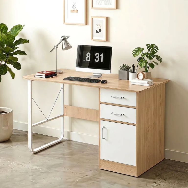 Escritorio 100cm Con Cajón Gabinete Pata Metálica Oficina