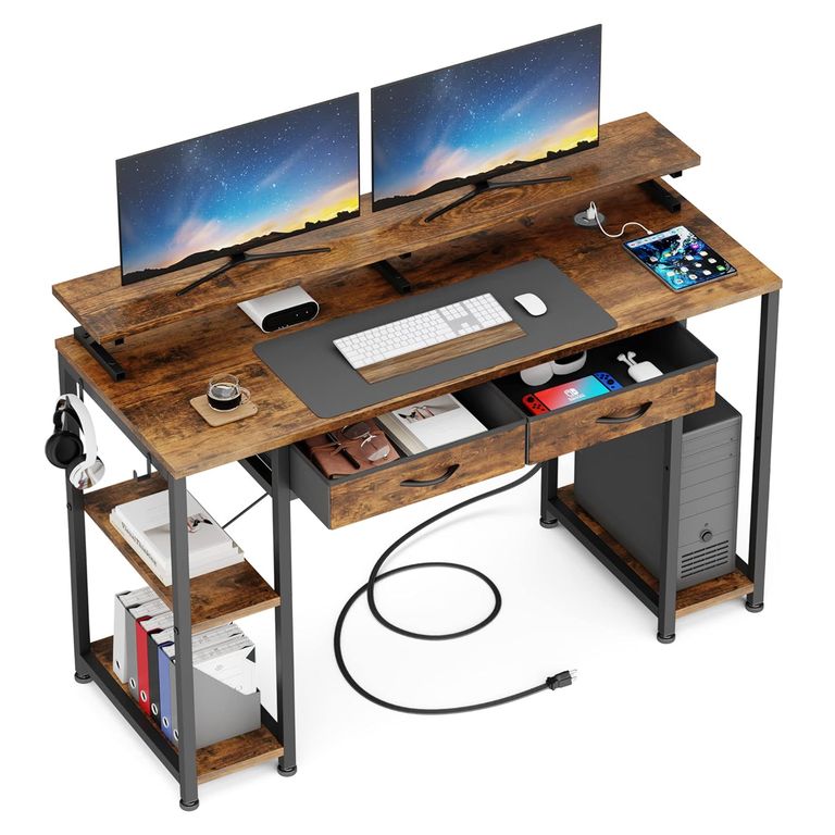 Escritorio Con Repisa Cajones Puerto USB Ganchos 120x50x86 cm