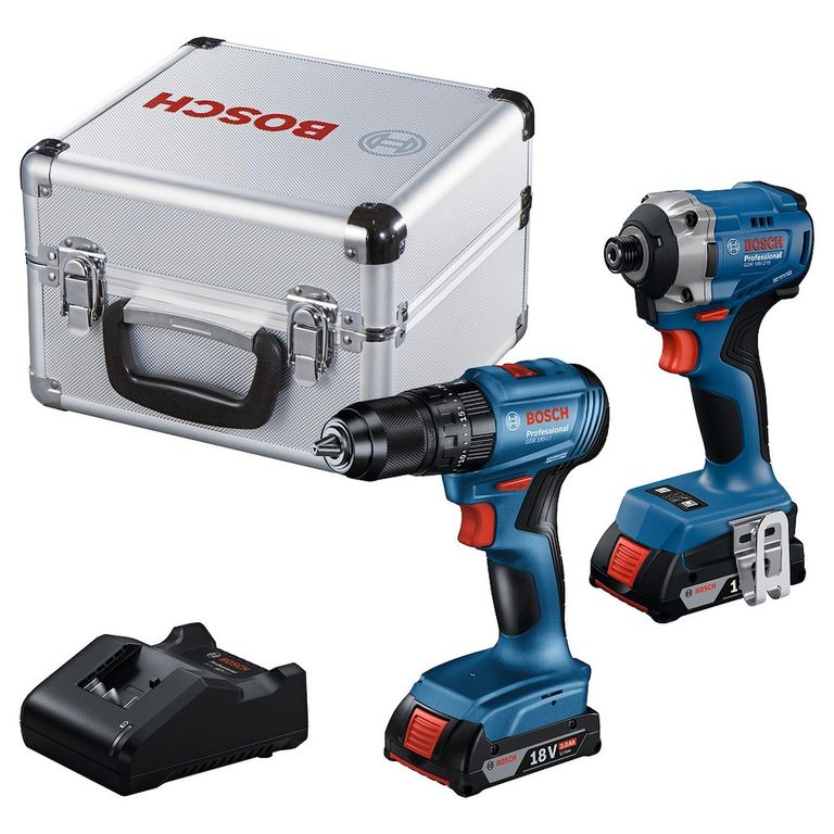 Taladro Percutor 1/2" GSB 185-LI + Atorn de Impacto 1/4" Hex 18V Brushless GDR 18V-215 + Maleta Alum