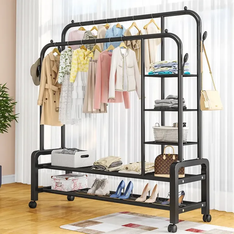 PERCHERO ORGANIZADOR 160 CM DOBLE BARRA CON ESTANTES LATERALES - BLANCO O NEGRO