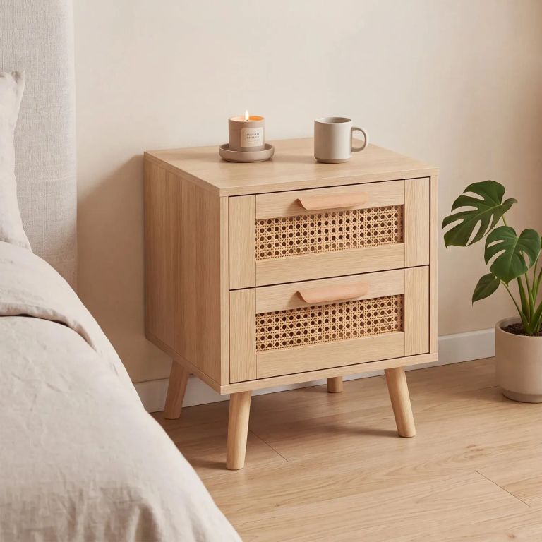 Velador de Madera con Cajones de Ratán 40x40x58 cm Estilo Retro Moderno