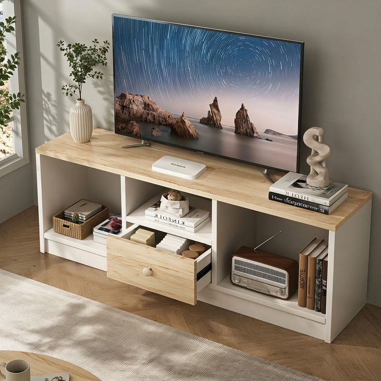 Mesa de TV Blanco 90x40x30 cm con Cajones ROHE MDF Televisor Moderno​​