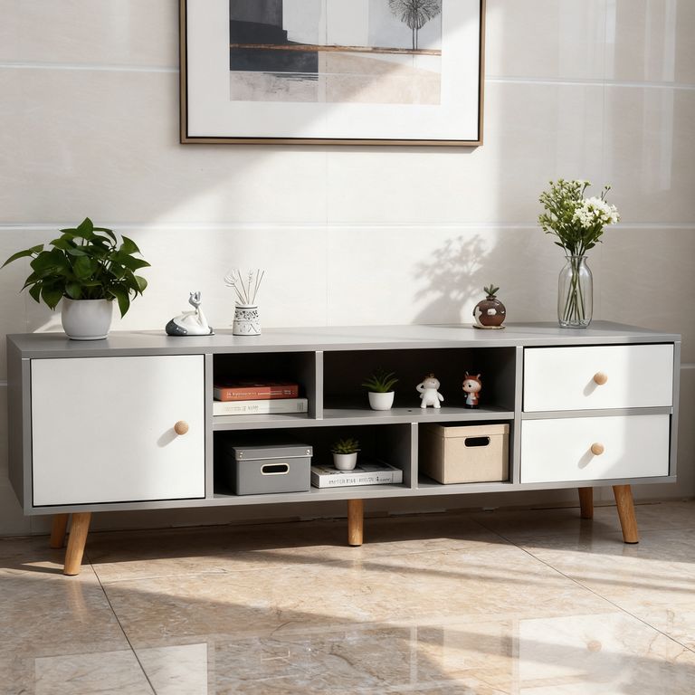 Mesa de TV 55" 120x30x40 cm Gris Blanco ROHE con 3 Cajones MDF