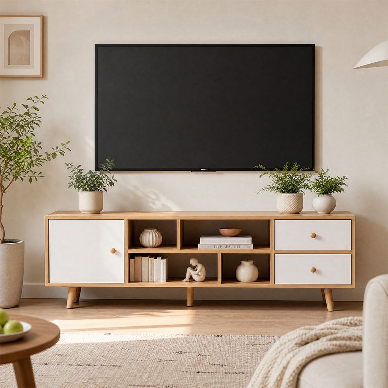 Mesa de TV 55" 120x30x40 cm Roble Blanco ROHE con 3 Cajones MDF