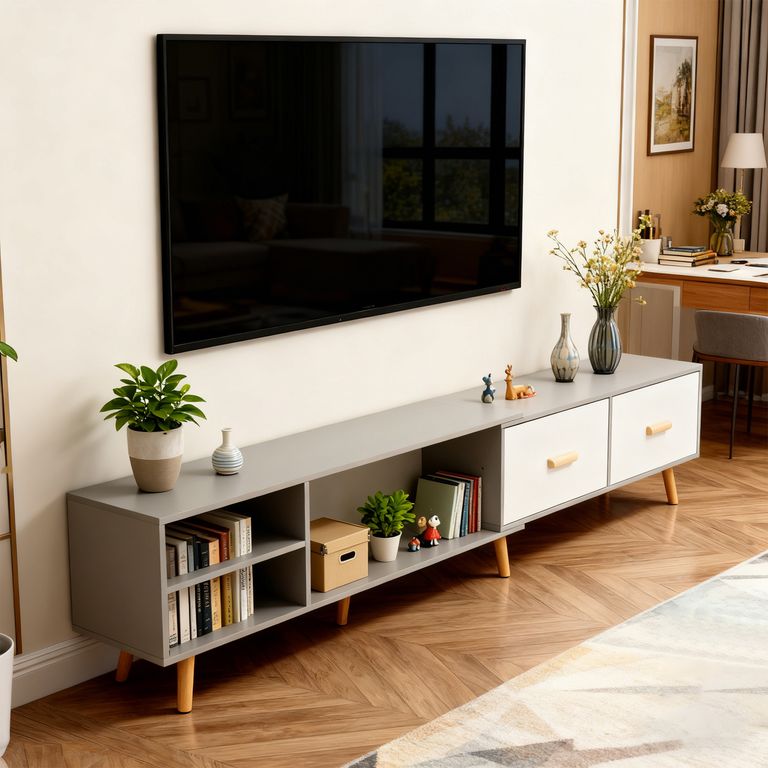 Mesa de TV 55" (140-218)x40x30 cm Gris ROHE con 2 Cajones MDF Corredizas