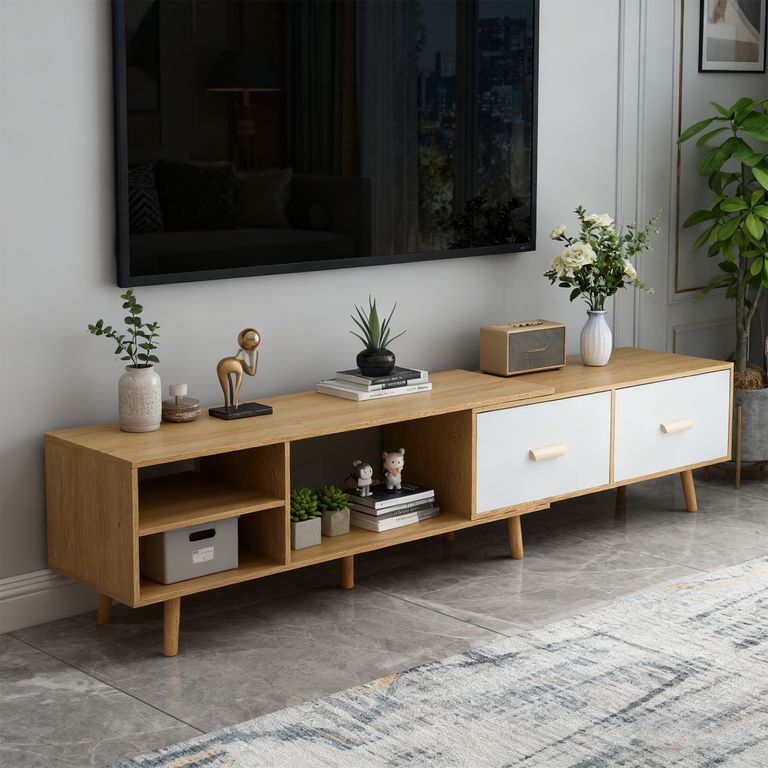 Mesa de TV Color Roble (140-218)x40x30 cm 2 Cajones Deslizantes