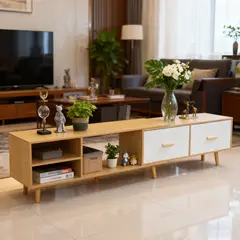 ROHE - Mesa de TV Color Roble (140-218)x40x30 cm 2 Cajones Deslizantes