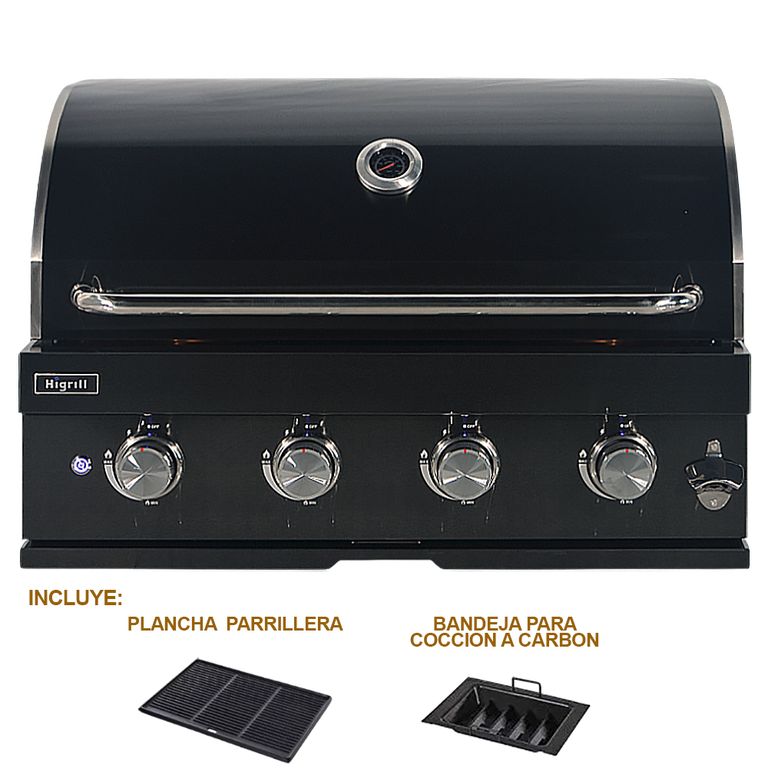 Parrilla A Gas y Carbón 4 Quemadores Empotrable Acero Inox Negro con Plancha-Grill de Hierro Fundido