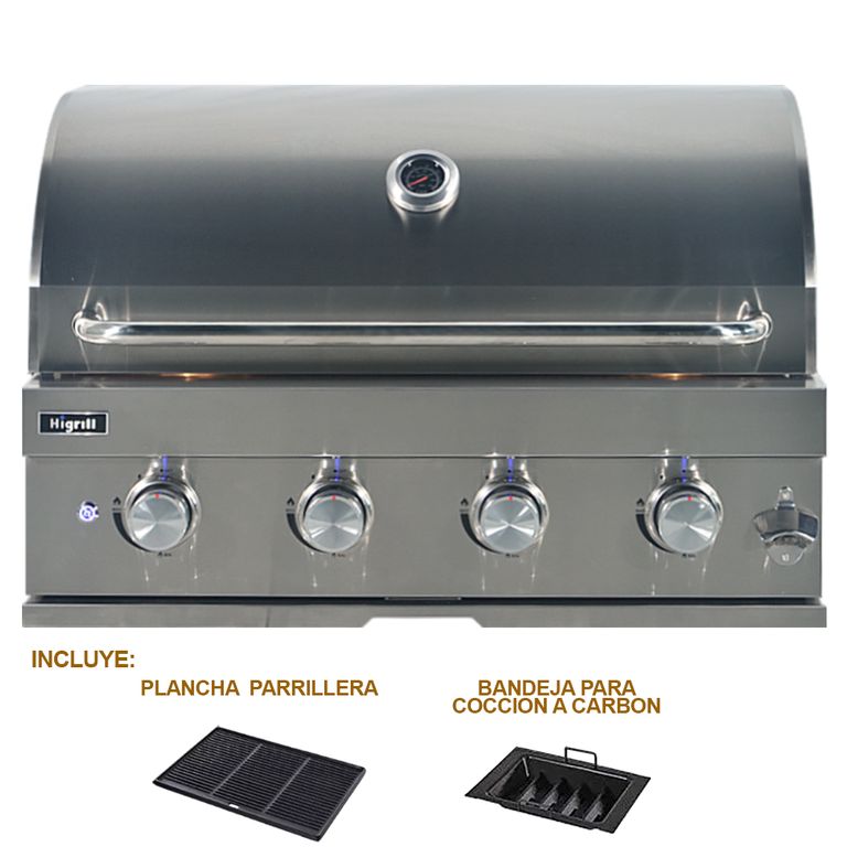 Parrilla A Gas y Carbón 4 Quemadores Empotrable de Acero Inox con Plancha-Grill de Hierro Fundido