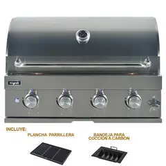 HIGRILL - Parrilla A Gas y Carbón 4 Quemadores Empotrable de Acero Inox con Plancha-Grill de Hierro Fundido