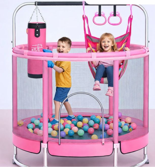 JUEGO CAMA SALTARÍN TRAMPOLÍN ELÁSTICA ACCESORIOS COMPLETOS INCLUYE PELOTAS ROSADO