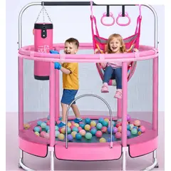 GENERICO - JUEGO CAMA SALTARÍN TRAMPOLÍN ELÁSTICA ACCESORIOS COMPLETOS INCLUYE PELOTAS ROSADO