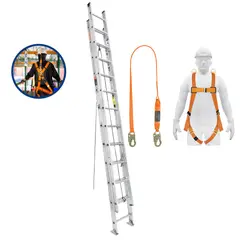 Truper - Combo Escalera telescópica 24 pasos, Arnés de seguridad linea de vida