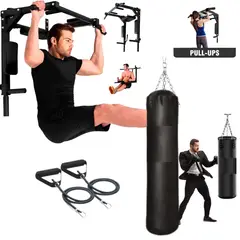 XTREME SPORT - Barra de Dominadas de Pared 8 en 1 Multifunción + Saco de Boxeo 150 cm con Cadena