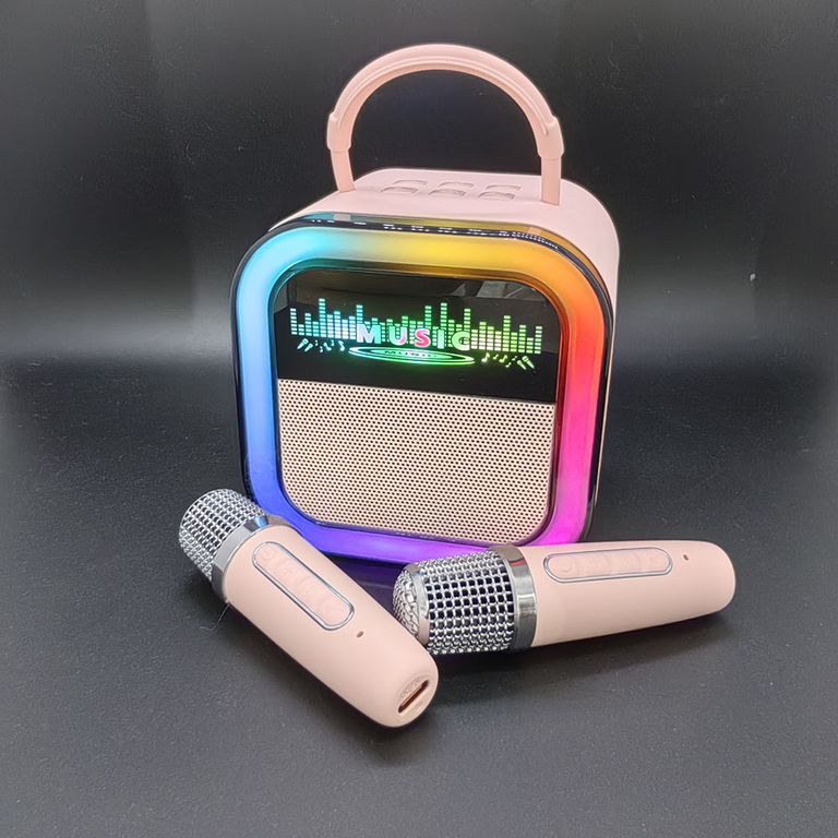 Parlante, altavoz con KARAOKE PARA NIÑOS + 2 MICROFONOS, RADIO FM , USB. LUZ RGB, MODELO 2025