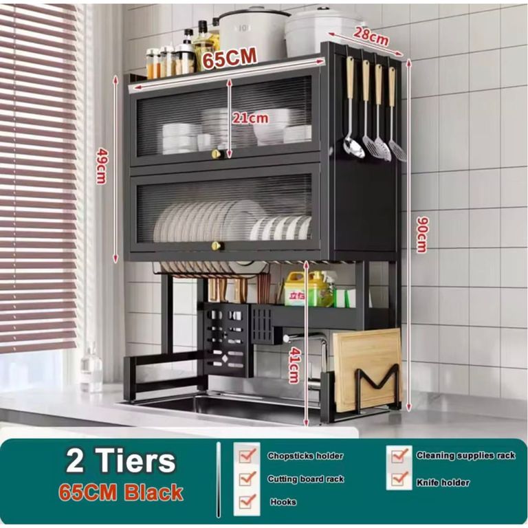 Escurridor 85cm de 2 Niveles con Tapa Secaplatos Almacenamiento Cocina Estante Organizador