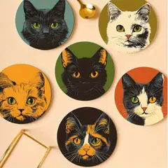 GENERICO - Set de 6 Posavasos Gato de Madera