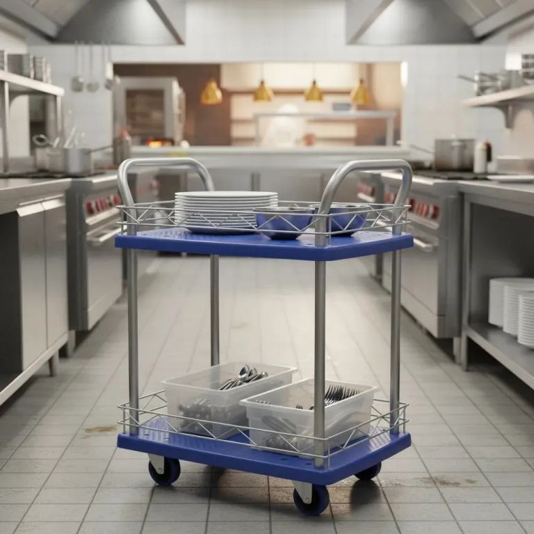 Carrito servicio 2 niveles antideslizante 50x70cm 200kg por nivel 300kg en total con 4 ruedas goma