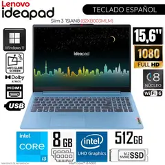 LENOVO - Laptop IdeaPad Slim 3 15IAN8 Intel Core i3-N305 8GB RAM 512GB SSD 15.6 FHD - 82XB003MLM