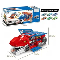 GENERICO - Dino Camión Trex Transportador Porta Autitos 2 en 1 Pista Lanzamiento Rojo