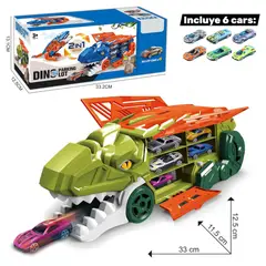 GENERICO - Dino Camión Trex Transportador Porta Autitos 2 en 1 Pista Lanzamiento Verde