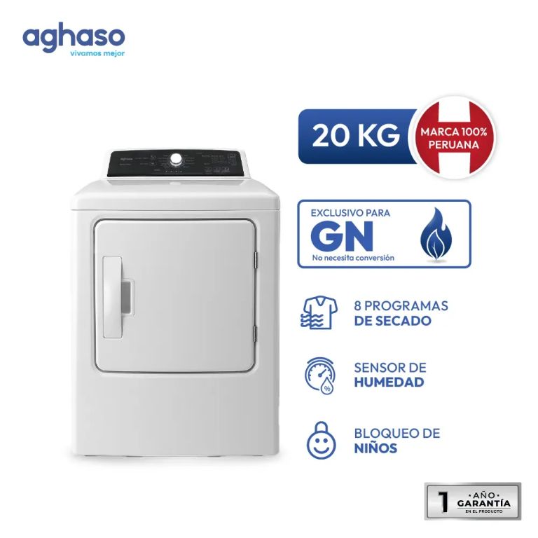 Secadora de Ropa Aghaso 20 kg Blanca Gas Natural Pantalla LED