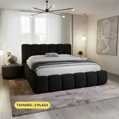 GENERICO - Cama Americana 2 Plazas Modelo Cloud Color negro Tapizado en Tela Chenille Antifluido Acolchado - LMUEBLE