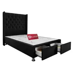 KAMAS - CAMA BOX TARIMA 2 PLAZAS CON 2 CAJONES + CABECERA PEDESTAL CAPITONEADO - NEGRO
