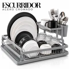 SM - ESCURRIDOR DE PLATOS 2 NIVELES ACERO CROMADO GRIS