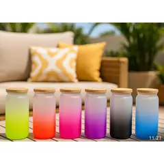GENERICO - 6 VASOS VIDRIO CON TAPA DE BAMBU Y SORBETE 550 ML