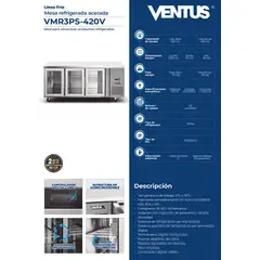 Ventus - Mesa Refrigerada Acerada con 3 puertas de Vidrio, VMR3PS-420V - Ventus