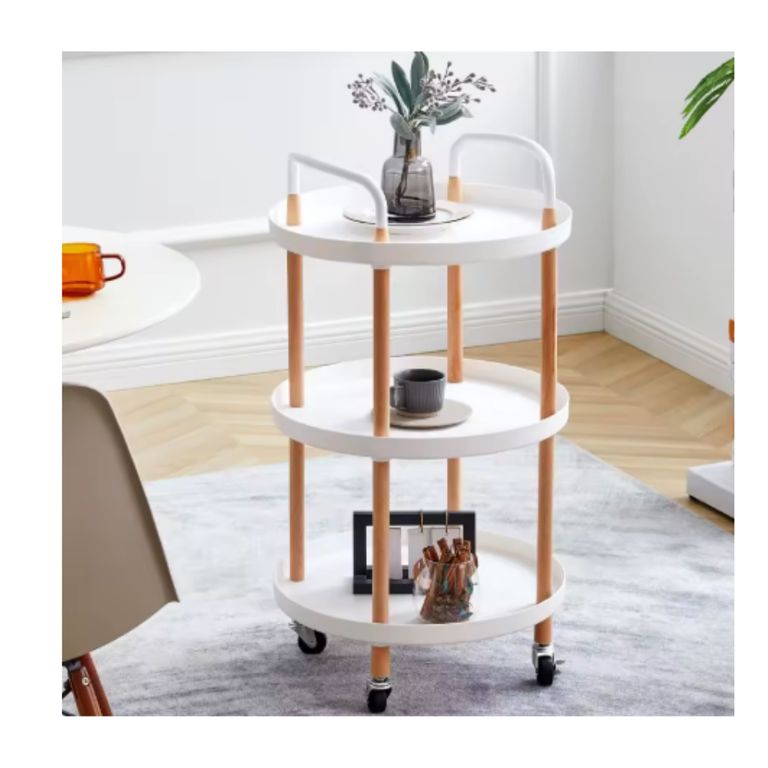Carrito Auxiliar De 3 Niveles Con Ruedas Blanco y Madera