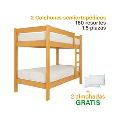 GENERICO - Combo: Camarote de Madera Pino color Natural de 1.5 plz + 2 Colchones + 2 almohadas