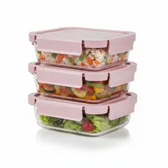 Pentha - Taper De Vidrio Hermético 700ml Rectangular Set De 3 Unidades Rosado