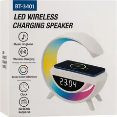 GENERICO - Parlante Bluetooth BT-3401 con Reloj Digital y Alarma +Cargador Inalámbrico + Luz LED 7 Colores