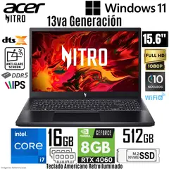 ACER - Laptop Acer Nitro V15 ANV15-51-789J Intel Core i7-13620H 16GB RAM 512GB SSD RTX 4060-8GB 15.6"  FHD