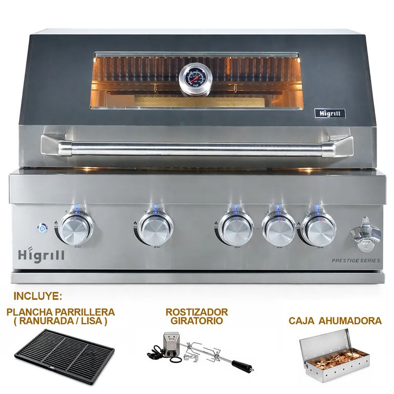 Parrilla a Gas Empotrable 5 Quemadores Acero Inoxidable con Ahumador, Rostizador y Plancha