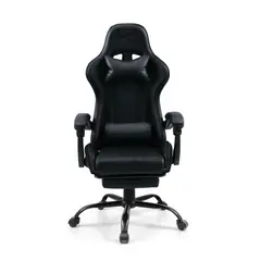 KUZLER - Silla Gamer Negra Masajeador Lumbar Reposapiés y Base Metálica RIK-101AB