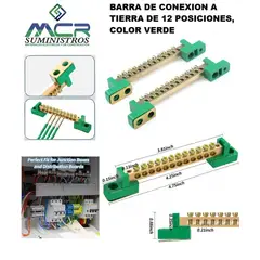 GENERICO - BARRA DE CONEXION A TIERRA O EQUIPOTENCIAL DE 12 POSICIONES, COLOR VERDE.