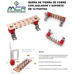 GENERICO - BARRA DE TIERRA DE COBRE CON AISLADOR Y SOPORTE DE 10 PUNTOS.