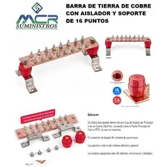 GENERICO - BARRA DE TIERRA DE COBRE CON AISLADOR Y SOPORTE DE 16 PUNTOS.