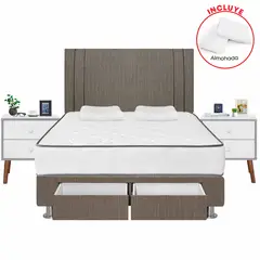 FORLI - Dormitorio 2 cajones Igneo Marrón Queen + 02 Veladores + Protector