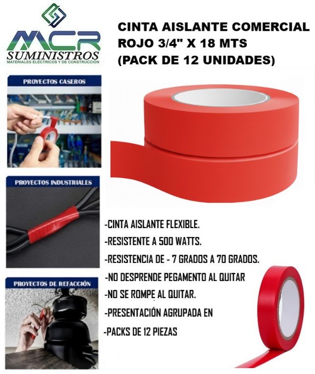 CINTA AISLANTE COMERCIAL ROJO 3/4" X 18 MTS (PACK DE 12 UNIDADES).