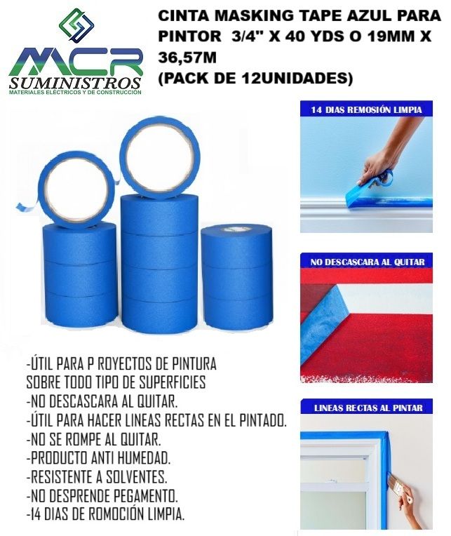 CINTA MASKING TAPE AZUL PARA PINTOR 3/4'' X 40 YDS O 19MM X 36,57M (PACK DE 12UND).
