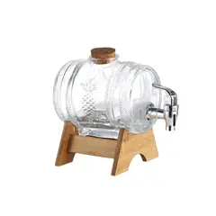 GENERICO - Dispensador de barril de vidrio para almacenamiento de bebidas de vino cerveza con soporte de madera